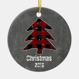 Adorno De Cerámica Personalizado Rustic Red Plaid Tree y Chalkboard P