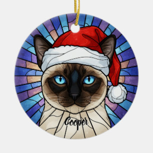 Adorno De Cerámica Personalizado Siamese Cat Santa Hat Vidrio Manchad