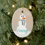 Adorno De Cerámica Personalizado Snowman (Nombre del Personalizable)<br><div class="desc">Ornamento de Snowman de doble cara con nombre de personalizable.</div>