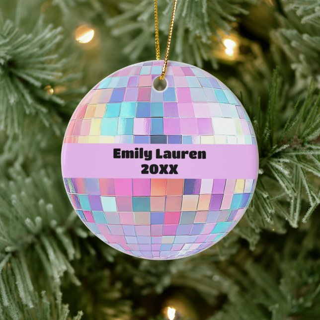 Adorno De Cerámica Personalizado Sparkly Pink & Rainbow Disco Ball Na (Árbol)