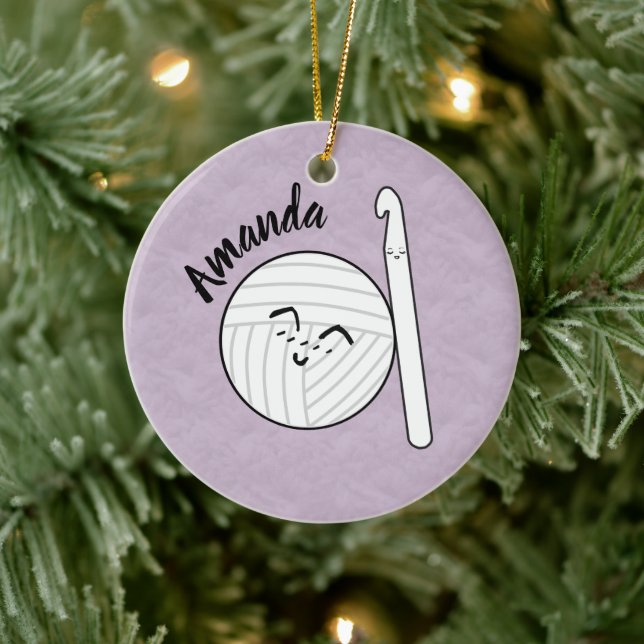 Adorno De Cerámica Personalizado Yarn Ball & Crochet Hook + Nombre (Árbol)