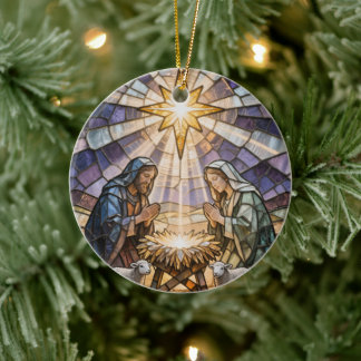 Adorno De Cerámica Personalize Stained Glass Nativity Scene Christmas