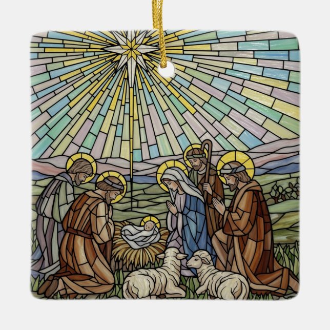 Adorno De Cerámica Personalize Stained Glass Nativity Scene Christmas (Anverso)