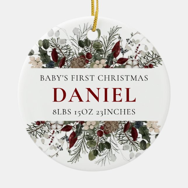 Adorno De Cerámica Personalized Baby's 1st Christmas Winter Floral  (Frente)