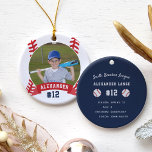 Adorno De Cerámica Personalized Baseball Photo & Player Stats<br><div class="desc">Commemorate an awesome season for your favorite baseball player with this cool custom ornament. Personalize the front with the player's photo,  name and jersey number on a baseball illustration background. Then add more details to the back,  including the team or league name,  season,  age,  position,  and coach name.</div>