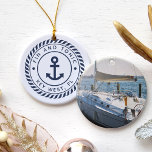 Adorno De Cerámica Personalized Boat Name & Photo | Nautical<br><div class="desc">Create a unique boat keepsake with this custom photo ornament featuring your boat name and ship's registry in navy blue lettering on a nautical rope badge with an anchor illustration in the center. Add a photo of your boat to the reverse side.</div>
