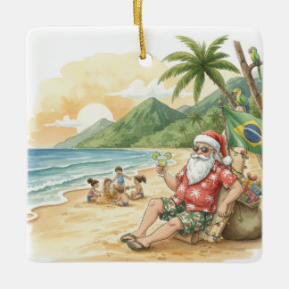 Adorno De Cerámica Personalized Brazilian Santa on Beach Christmas