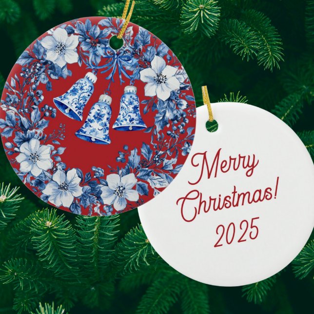 Adorno De Cerámica Personalized Chinoiserie Blue White Wreath Bells (Personalize the back!)
