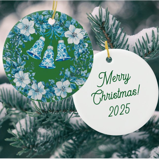 Adorno De Cerámica Personalized Chinoiserie Blue White Wreath Bells (Personalize the back!)