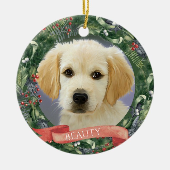 Adorno De Cerámica Personalized Christmas Pet Photo Wreath (Frente)