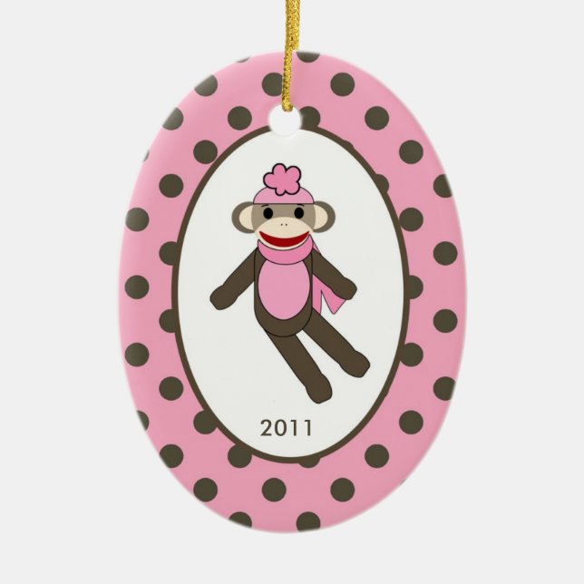 Adorno De Cerámica Personalized Custom Ornament Pink Sock Monkey (Frente)