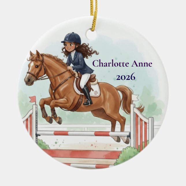 Adorno De Cerámica Personalized Cute Girls Horse Show Jumping (Frente)