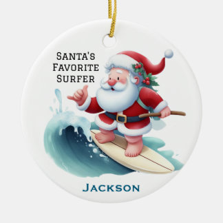 Adorno De Cerámica Personalized Cute Santa's Favorite Surfer