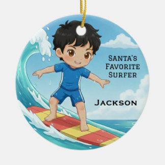 Adorno De Cerámica Personalized Cute Santa's Favorite Surfer
