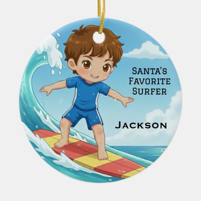 Adorno De Cerámica Personalized Cute Santa's Favorite Surfer (Frente)
