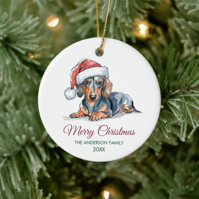 Adorno De Cerámica Personalized Dachshund in Santa Hat Christmas      (Árbol)