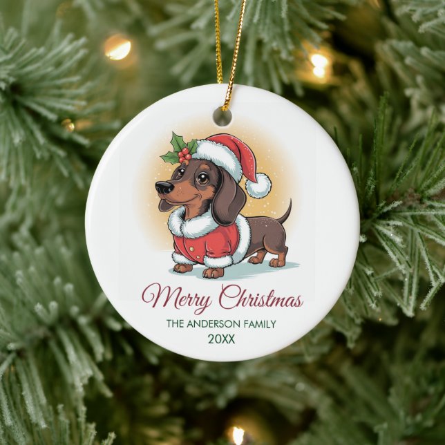 Adorno De Cerámica Personalized Dachshund in Santa Hat Christmas      (Árbol)
