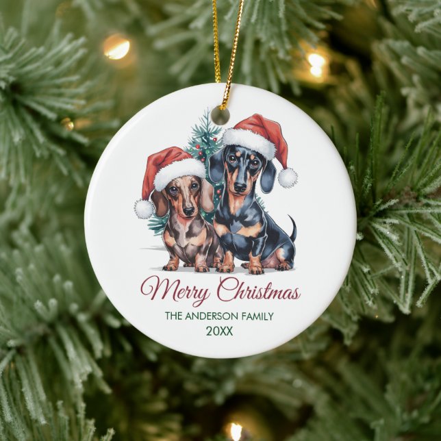 Adorno De Cerámica Personalized Dachshund in Santa Hat Christmas      (Árbol)