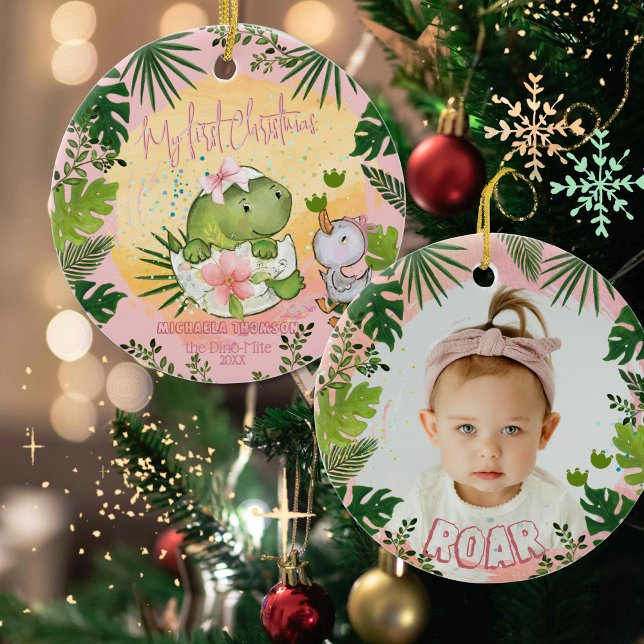Adorno De Cerámica Personalized Dino 'My First Christmas' Photo  (Personalized Dino 'My First Christmas' Photo Ceramic Ornament)