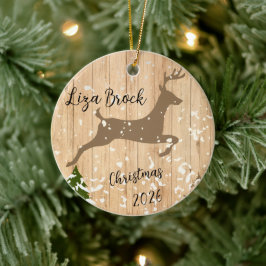 Adorno De Cerámica Personalized doe Christmas bauble wooden backgroun