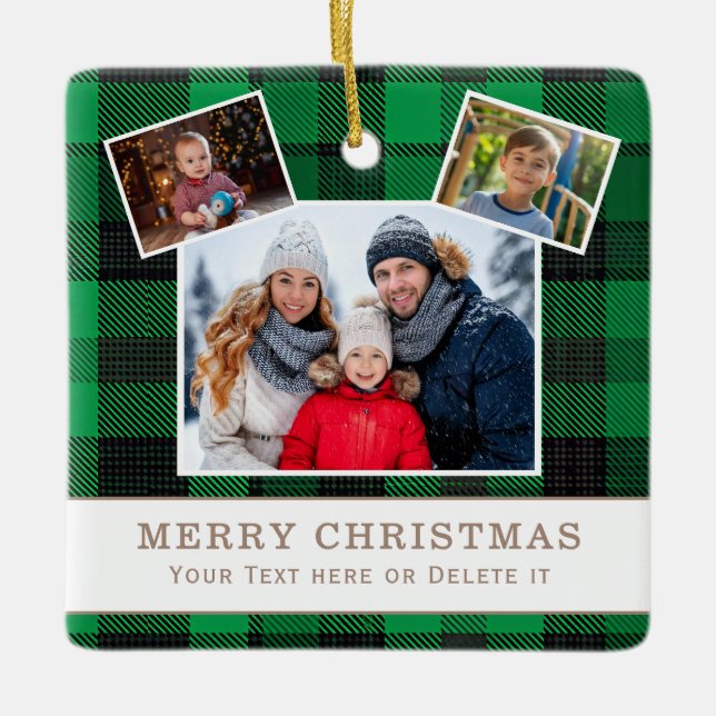 Adorno De Cerámica Personalized Family 3 Photo Green Plaid Christmas  (Anverso)
