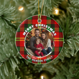 Adorno De Cerámica Personalized Family Photo Plaid Pattern Christmas