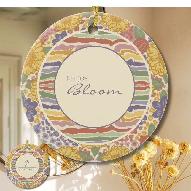 Adorno De Cerámica Personalized Floral Ornament - Let Joy Bloom (Let Joy Bloom - Editable Floral Ceramic Ornament with Personalized Name & Initial)