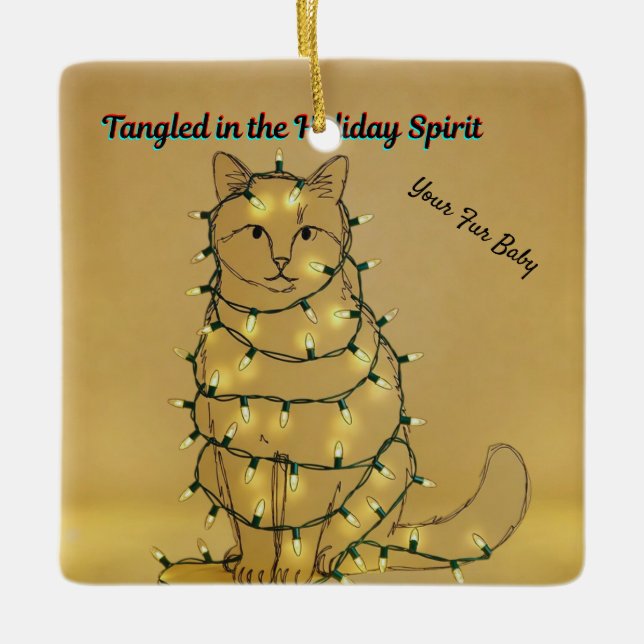Adorno De Cerámica Personalized Funny Cat Tangled in Lights (Anverso)