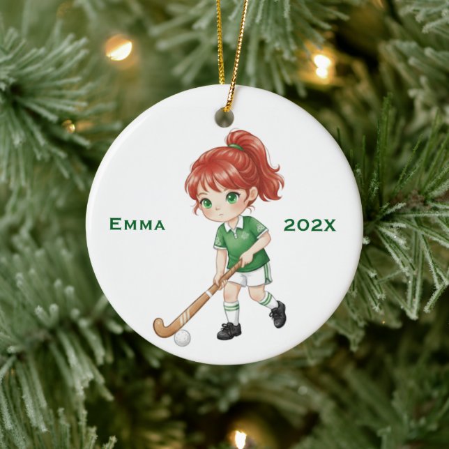 Adorno De Cerámica Personalized Girls (Red Hair) Field Hockey Player (Árbol)