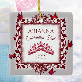 Adorno De Cerámica Personalized Gray, Burgundy Red Tiara, Butterfly