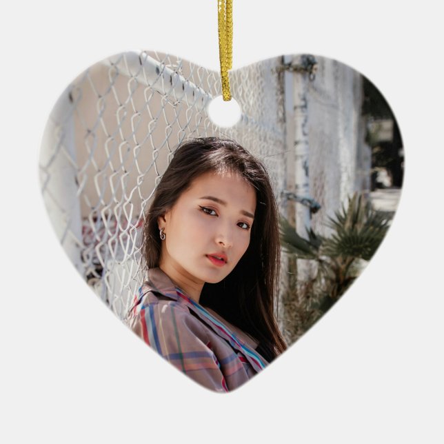 Adorno De Cerámica Personalized Heart Photo Ornament Birthday Message (Frente)