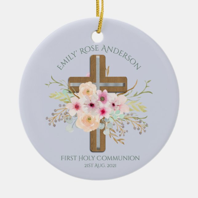 Adorno De Cerámica Personalized Holy Communion Floral Cross (Frente)