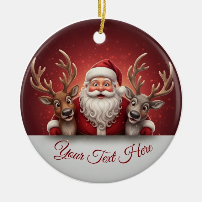 Adorno De Cerámica Personalized Jolly Santa Claus & Reindeer Trio  (Frente)