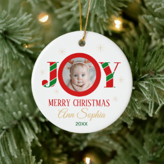 Adorno De Cerámica Personalized Joy Christmas Photo