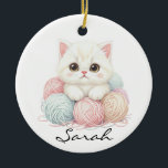 Adorno De Cerámica Personalized Knitting Kitten Ornament<br><div class="desc">Personalize this cute knitting kitten and yarn design.</div>