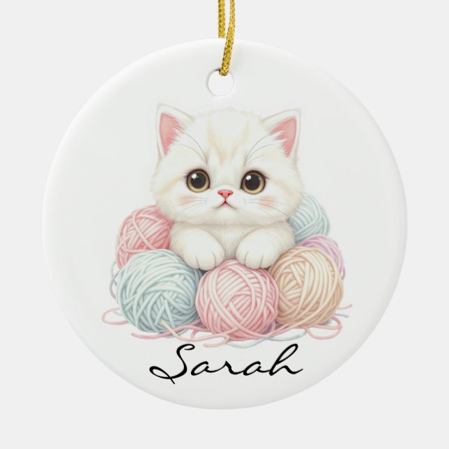 Adorno De Cerámica Personalized Knitting Kitten Ornament (Frente)
