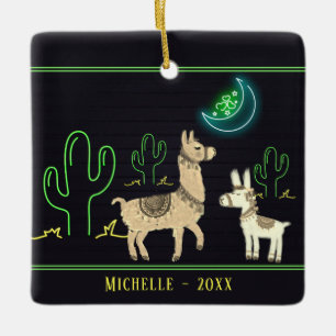Adorno De Cerámica Personalized Llamas, Neon Moon and Cacti Christmas