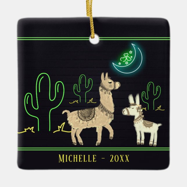 Adorno De Cerámica Personalized Llamas, Neon Moon and Cacti Christmas (Anverso)