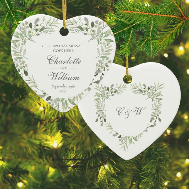 Adorno De Cerámica Personalized Monogram Greenery Wedding (Personalized Monogram Greenery Wedding Ceramic Ornament)
