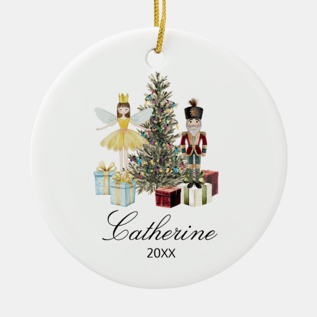 Adorno De Cerámica Personalized Nutcracker and Fairy Christmas Tree (Frente)