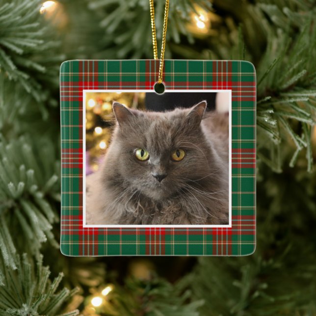 Adorno De Cerámica Personalized Pet Cat Dog Christmas Plaid (Árbol)