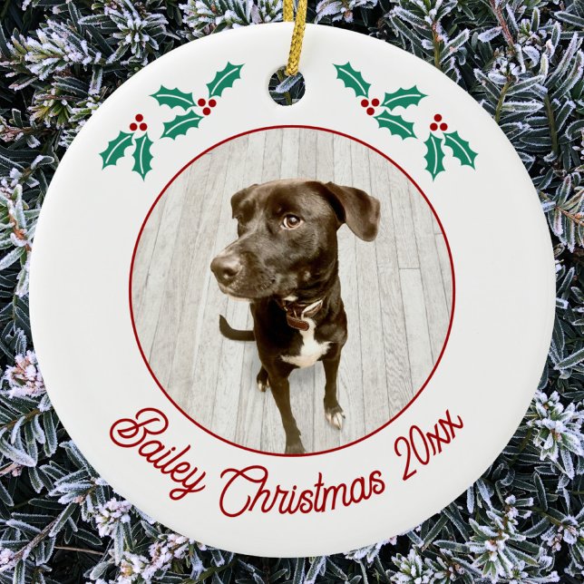 Adorno De Cerámica Personalized Pet Puppy Dog Christmas Photo (Personalized custom name year puppy dog photo Christmas ceramic ornament for animal lovers)