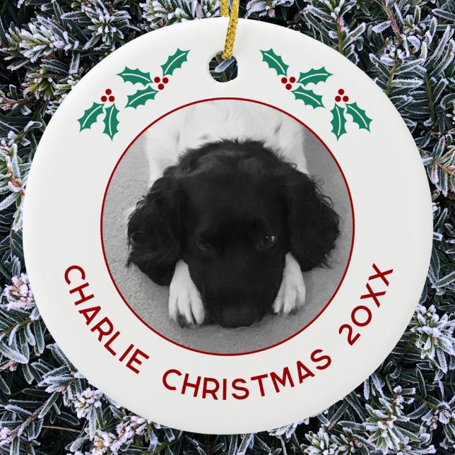 Adorno De Cerámica Personalized Pet Puppy Dog Christmas Photo (Personalized custom name year puppy dog photo Christmas ceramic ornament for animal lovers)