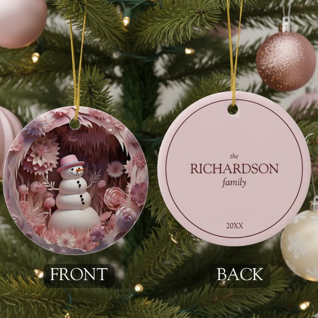 Adorno De Cerámica Personalized Pink Snowman Christmas (cute pink floral snowman Christmas tree ornament keepsake with customizable family name and year)