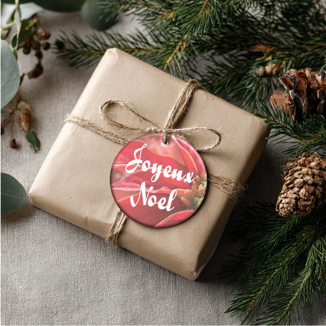 Adorno De Cerámica Personalized Poinsettia Joyeux Noel (Artistic Dual-Use! This personalized harlequin ornament doubles as a luxury gift tag.)