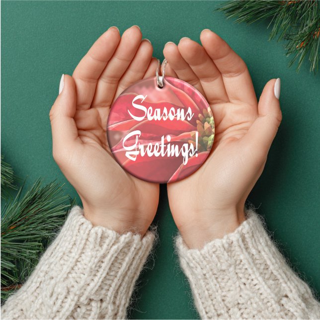 Adorno De Cerámica Personalized Poinsettia Seasons Greetings (Artistic Dual-Use! This personalized poinsettia ornament doubles as a luxury gift tag.)