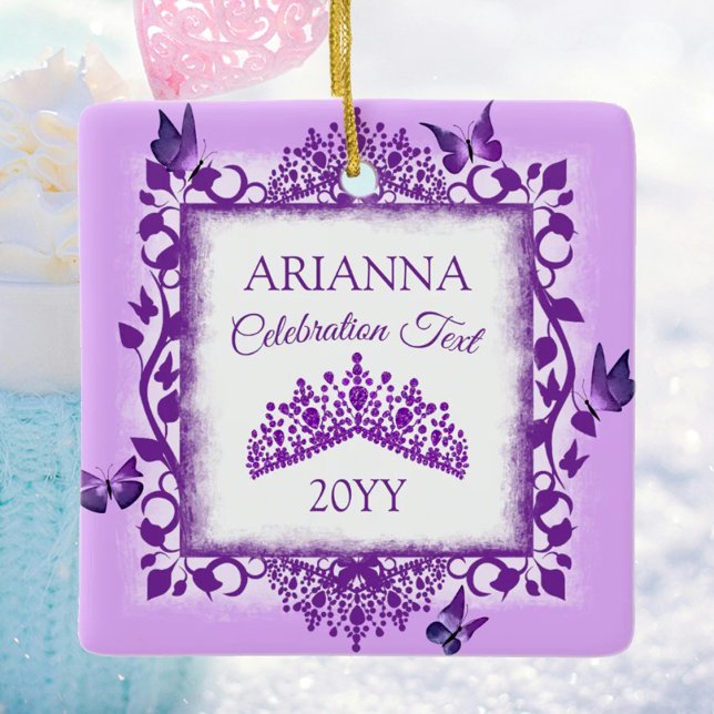 Adorno De Cerámica Personalized Purple Tiara & Butterflies Keepsake (personalized tree ornament with purple butterflies and tiara, congratulations, commemorative gift)