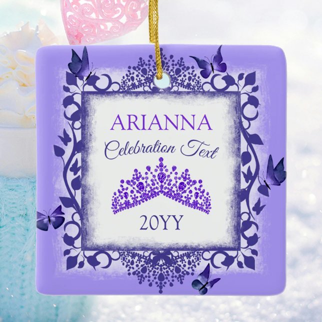 Adorno De Cerámica Personalized Royal Purple Tiara & Butterflies (personalized tree ornament with purple butterflies and tiara, congratulations, commemorative gift)