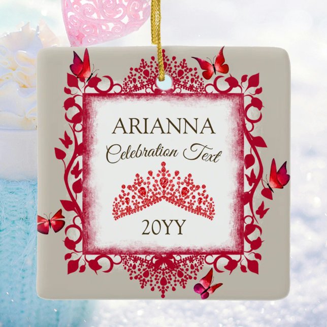 Adorno De Cerámica Personalized Ruby Red Tiara & Butterflies (red butterflies & rhinestone tiara tree ornament, congratulations)