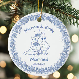 Adorno De Cerámica Personalized Silly Goose Married Cute Blue Wedding